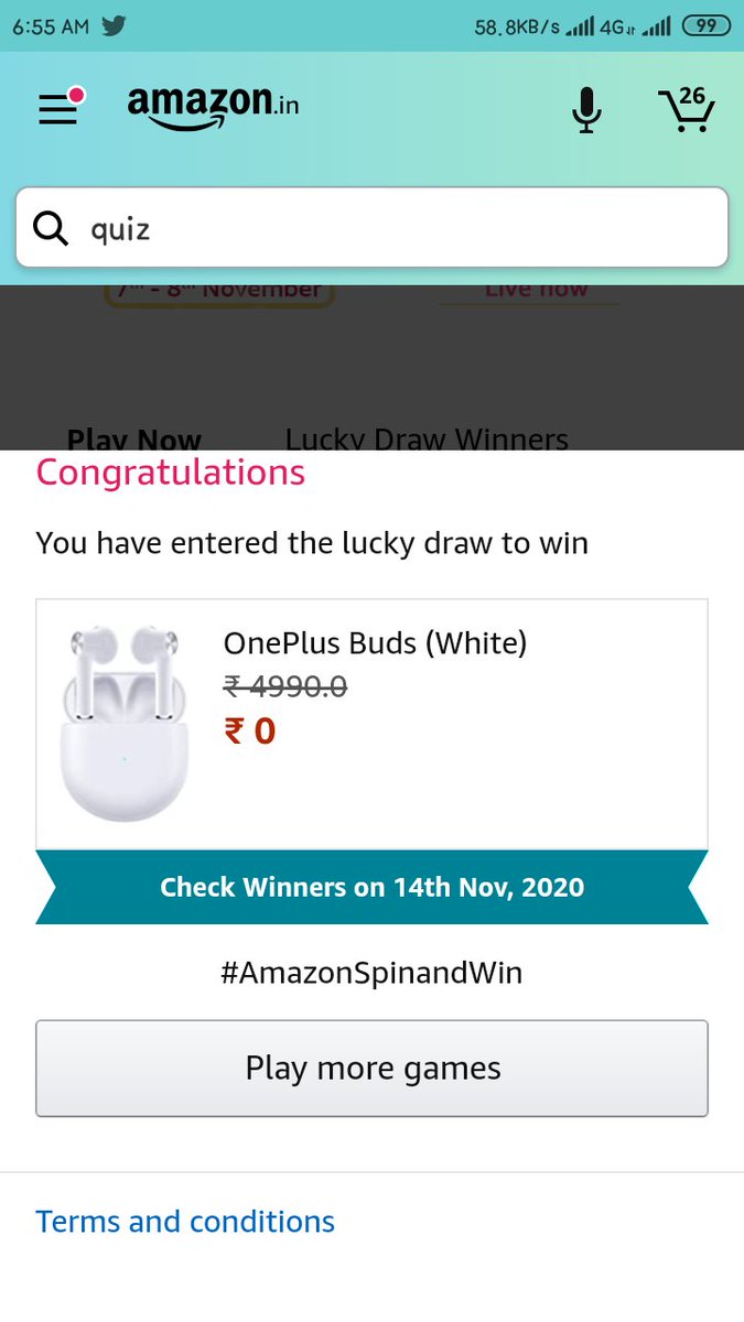 SurajJoshi875's tweet photo. @amazonInQuiz #AmazonQuiz 
#AmazonSpinandWin 
#OnePlus 
#oneplusbuds
#AmazonIndia 
#Amazon 
#AmazonApp 
#FunZone https://t.co/zPJBz6Fvri