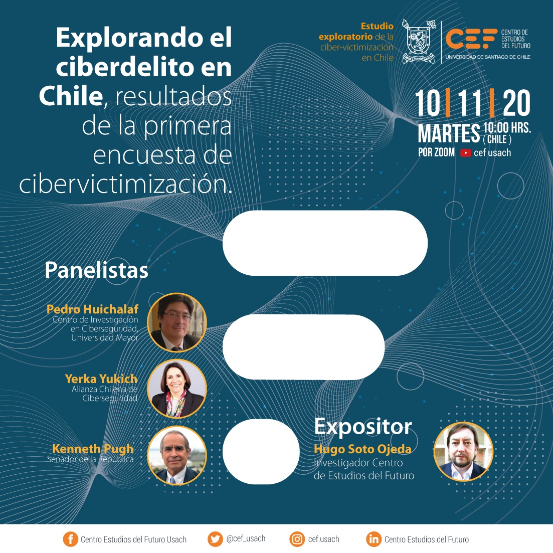 Junto a <a href="/yerkay/">Yerka Yukich</a> y <a href="/PughSenador/">Senador Kenneth Pugh</a> el 10/11 a 10 AM seré uno de los panelistas invitados en presentación de resultados de la encuesta"Explorando el ciberdelito en Chile" del Centro de Estudios de Futuro de la Universidad de Santiago <a href="/cef_usach/">Cef Usach</a> 
inscripciones forms.gle/uNza2Z5imhsG16…