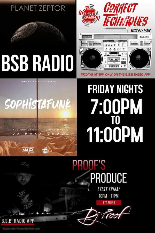 BSB_Radio's tweet photo. READY... SET... GO!!! Its time for the FRIDAY Night Party! on @BSB_Radio. The Party kicks off with 7pm-11pm cst with:  
Mixoflix - Planet Zeptor @ 7pm cst 
@djataxic - Correct Techniques @ 8pm cst 
@djmaxxgruv - (Sophistafunk) @ 9pm cst 
@deejayproof - Proof's Produce @10pm cst https://t.co/yk3azP9se2