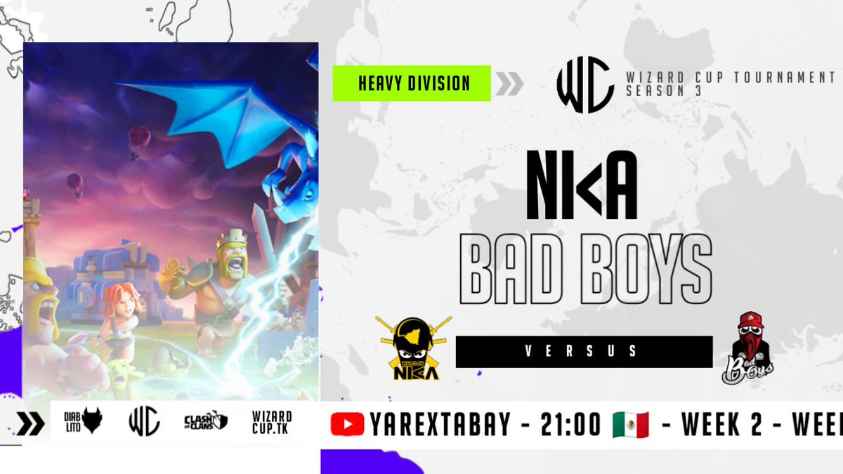 Nos vemos a las 21:00 Aquí en su canal de Youtube para tremenda guerra de <a href="/cup_wizard/">Wizard World Cup</a> 

<a href="/NIKACOC/">⚡NIKΛ⚡</a> VS @BadBoysClanCoC 

Quién se llevará esta jornada 👀

youtube.com/channel/UC5UYm…