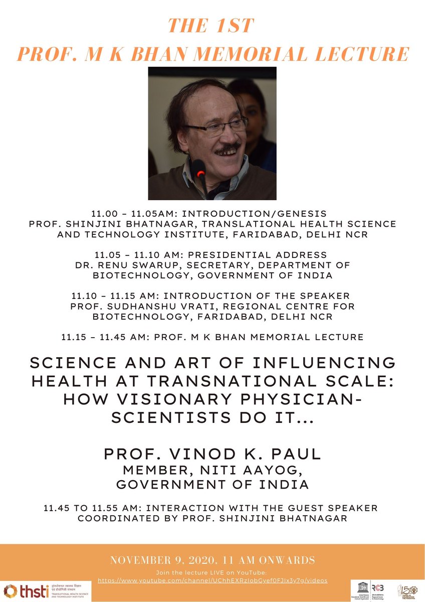 DBT-THSTI (@thstifaridabad) on Twitter photo Join us as we celebrate the life and work of Prof. M. K. Bhan with the First Prof. M K Bhan Memorial Lecture by Prof. Vinod K Paul.
📅November 9, 2020
⏲️11 A.M @une <a href="/NITIAayog/">NITI Aayog</a>
Join the live session at:
youtube.com/channel/UChhEX…
<a href="/DBTIndia/">Department of Biotechnology</a> <a href="/CSIR_IND/">CSIR, India</a> <a href="/IndiaDST/">DSTIndia</a> <a href="/NITIAayog/">NITI Aayog</a> Join us as we celebrate the life and work of Prof. M. K. Bhan with the First Prof. M K Bhan Memorial Lecture by Prof. Vinod K Paul.
📅November 9, 2020
⏲️11 A.M @une <a href="/NITIAayog/">NITI Aayog</a>
Join the live session at:
youtube.com/channel/UChhEX…
<a href="/DBTIndia/">Department of Biotechnology</a> <a href="/CSIR_IND/">CSIR, India</a> <a href="/IndiaDST/">DSTIndia</a> <a href="/NITIAayog/">NITI Aayog</a>