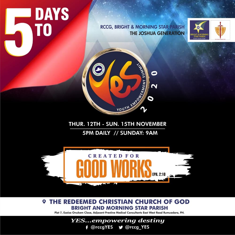 rccg_YES's tweet photo. #countdown||5DAYSto
#yes2020||12-15NOV
#created4GOODWORKS https://t.co/wVf4HFi0i8