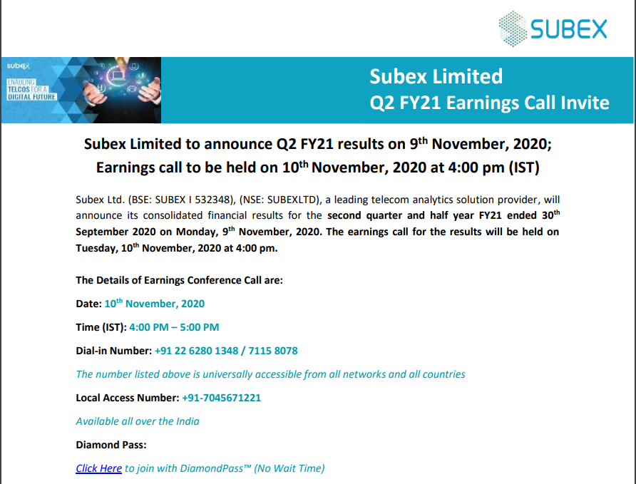  #Subex - Subex Limited to announce Q2FY21 results on 9th November, 2020 & Earnings call to be held on 10th November, 2020 at 04:00 PM (IST)