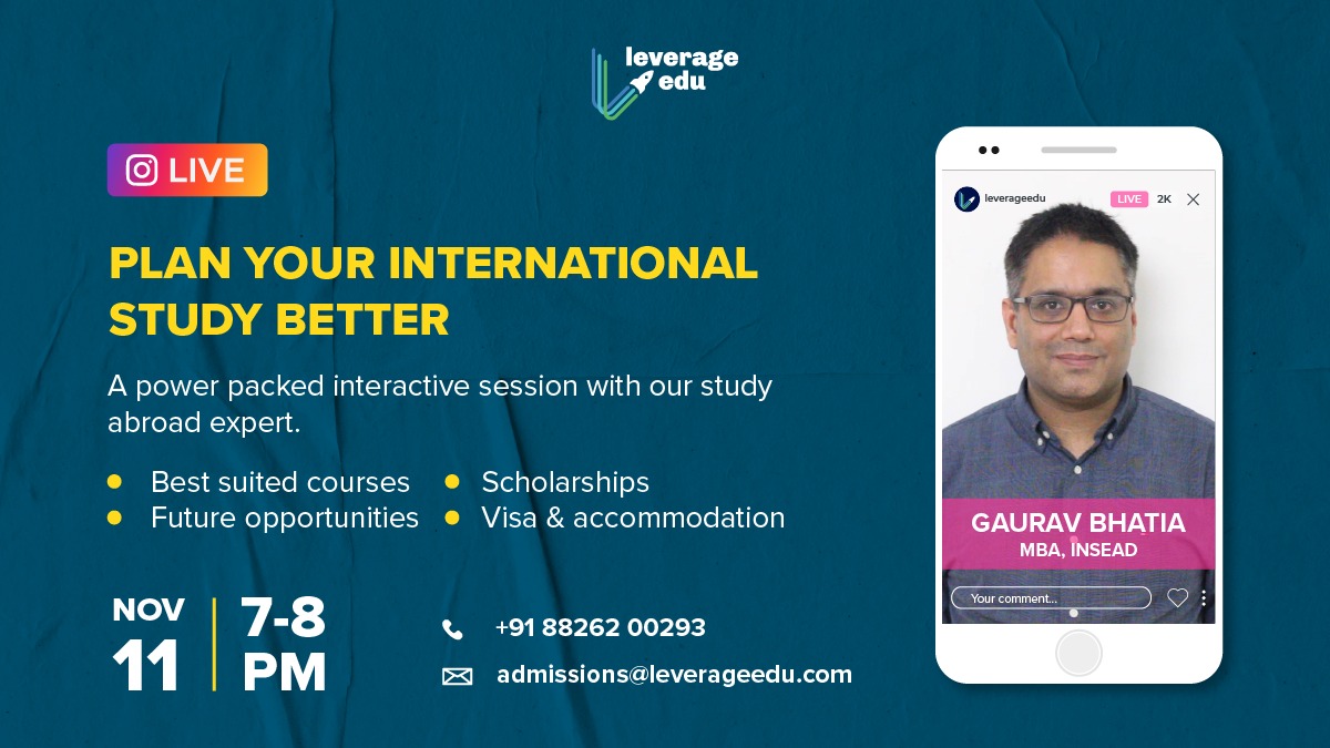 leverageedu's tweet photo. Join our study abroad expert, @bhatiagp for an interactive 1 hour Instagram Live session on 'How to plan your international study better'.
Find answers to all your study abroad queries during the pandemic.
11th November, 7-8 PM IST.
#studyabroad #virtualchat https://t.co/nK502fQssr