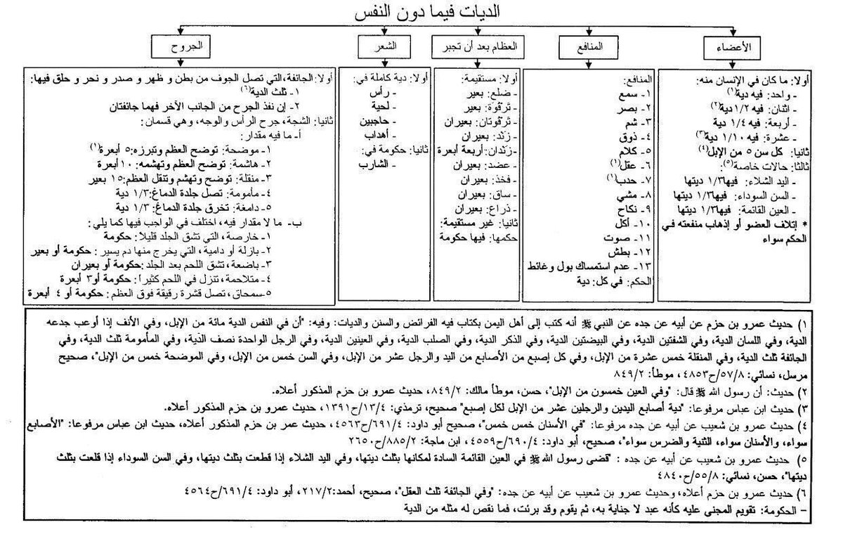 LawSplendor's tweet photo. الأرش في الجراح: ماليس له قدر معلوم من الدية.
الحَكُومة في أرش الجراحات :تقدير الحاكم أو مقدري الشجاج ومقومي الحكومات للحكومة. 
الشجاج: الجرح بالوجه والرأس فإن كان في غير الوجه والرأس سُمي جرح لا شجّة. 
الدية: المال المقدّر نتيجة إتلاف العضو أو الأطراف أو الحواس أو تعطيل منفعتها. https://t.co/AUonf9j1zc