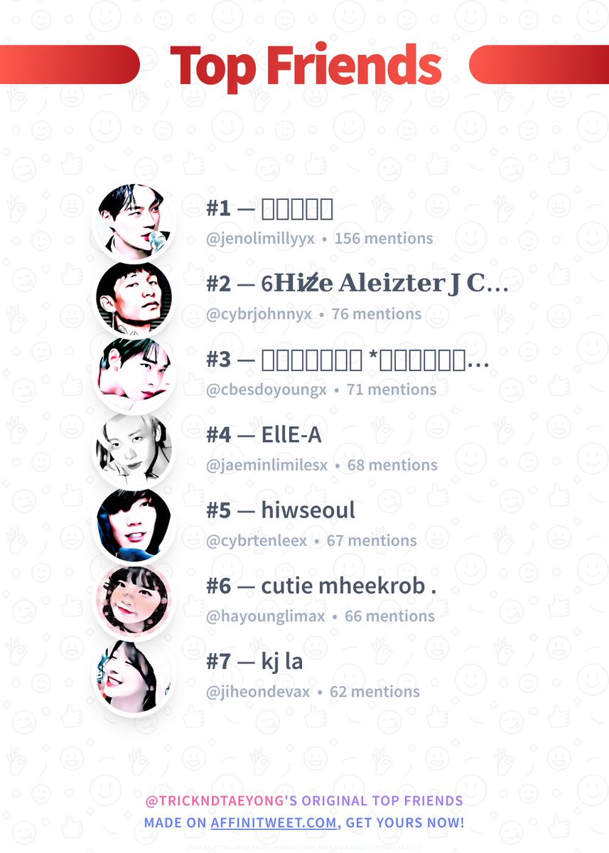 ✨ Top Friends

🥇 @jenolimillyyx
🥈 @cybrjohnnyx
🥉 <a href="/cbesdoyoungx/">jaijai</a>
🏅 @jaeminlimilesx
🏅 @cybrtenleex
🏅 @hayounglimax
🏅 @jiheondevax

➡️ affinitweet.com/top-friends