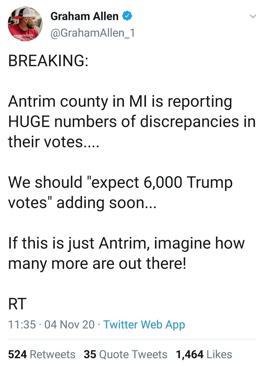 24/ Here's another example, from Michigan, h/t  @curious_georgio, though this is based on amplification of a benign error. Started with a software error. Reported locally, spun into a Federal*st piece. Here’s the initial report, below Trumpist tweets:  https://www.wxyz.com/news/antrim-county-in-michigan-to-manually-recount-ballots-after-election-software-error?_amp=true&__twitter_impression=true