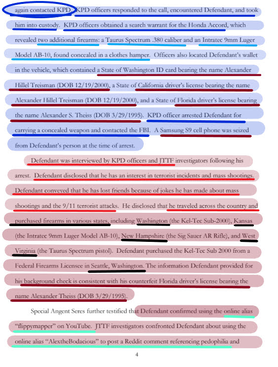 Page 4 (1/2)After they arrested him, they searched his Honda Accord & found more guns hidden in a laundry basket ().His wallet had multiple ID/drivers licenses (FL, WA, CA) for "Alexander Theiss."
