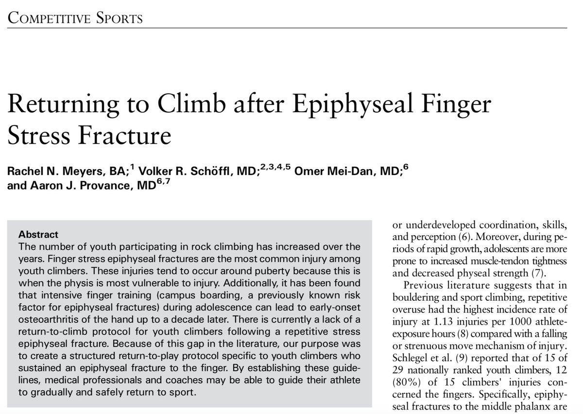 Hot off the press!! Check out our return to climb protocol for youth athletes now out in @CSMRonline Competitive Sports special theme issue! 🧗‍♀️@Duke_DPT @CUOrtho 
journals.lww.com/acsm-csmr/Abst…