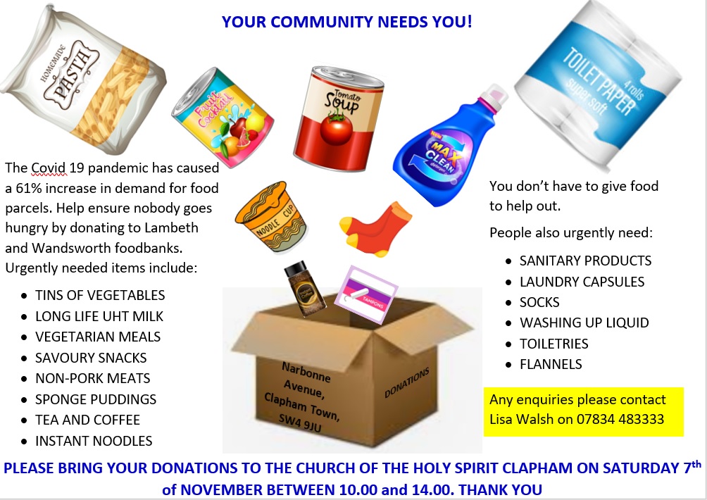 holyspiritsw4's tweet photo. Please help alleviate food poverty by bringing your donations to the Church of the Holy Spirit Clapham between 10.00 and 14.00 today. 
#Endfoodpoverty #foodbank #giving https://t.co/qvHmX5oFEo