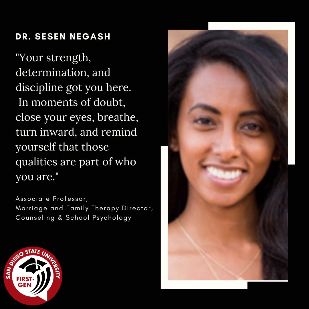SDSUFirstGen's tweet photo. Today we highlight Dr. Sesen Negash, Associate Professor & Director of @sdsucoe โs Marriage & Family Therapy Program. She encourages stu to think how their stories, thoughts, & emotions influence who they are as individuals. #sdsufirstgen #sdsufirstgenfaculty #celebratefirstgen https://t.co/ymbeISdwKL