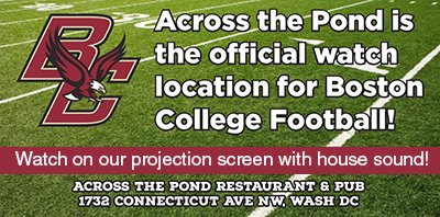 acrosstheponddc's tweet photo. Across the Pond shows all #BostonCollege football games, with house sound:
- Watch #BC v #Syracuse on Saturday, 2 pm
- Watch indoors or on our back patio
- Happy Hour: 3-8 pm

#BCFootball #BCvsSYR #BCvSYR #BCinDC #Dupontcircle #irishpub #washingtondc #collegefootball https://t.co/8ZZY9pRfgL