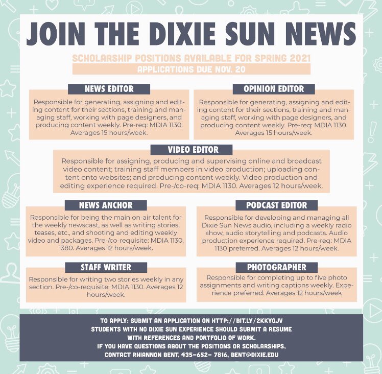 kristihDSN's tweet photo. For those of you looking for a way to get involved on campus and gain experience for future jobs, look no further! Come join the Dixie Sun! Message me if you have any questions! #voiceofdixie https://t.co/3cQuZNQxC9