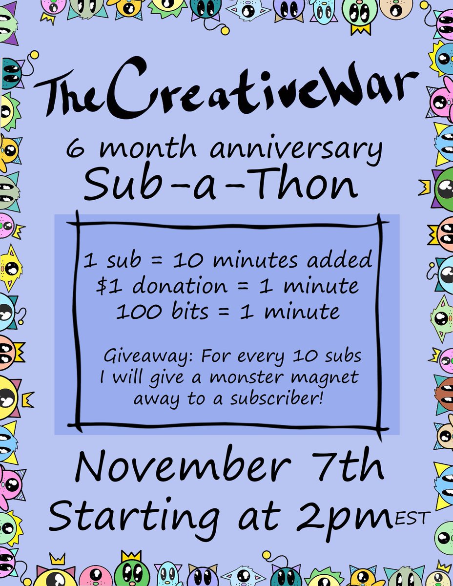 thecreativewar's tweet photo. Remember guys!! My sub-a-thon is tomorrow! Starting at 2pm EST! #pleaseretweet #supportisappreciated https://t.co/Lb9R0sdNtw