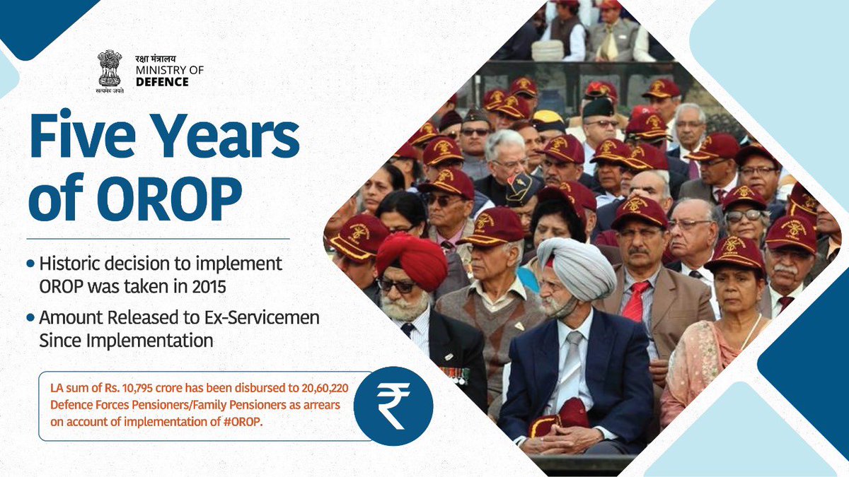 rajnathsingh's tweet photo. The Government under the leadership of Prime Minister Shri @narendramodi has delivered on the promise made to the ex-servicemen on 'One Rank One Pension' scheme. The welfare of Armed Forces and their families is our unwavering commitment and topmost priority. #5YearsofOROP https://t.co/2Jd5TQvaSf