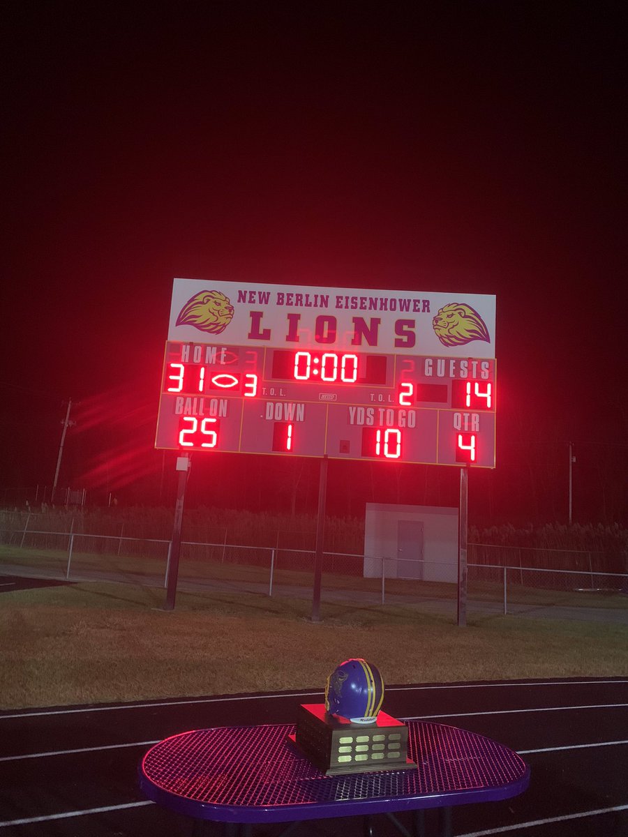 TheNorseCode's tweet photo. New Berlin Eisenhower defeats New Berlin West 31-14 in their rivalry matchup. Eisenhower will receive the trophy shown in the photo after a strong performance tonight. https://t.co/BHGOSchX5S