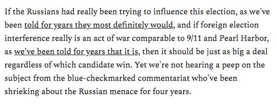 Every Kremlin agent hiding under every bed, every Saint Petersburg troll lurking around every corner, every Russian hacker we've been told was working around the clock to destroy America's imaginary democracy--poof! We're not hearing a word about them anymore.