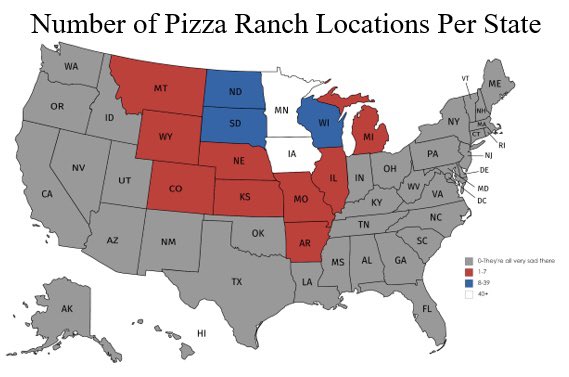 Sick of looking at the number of votes coming in from each state? Instead look at this map of the number of Pizza Ranches per state

A lot of gray = a lot of sad people without access to cactus bread
