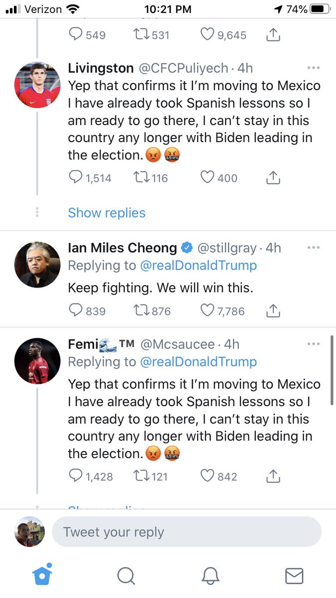 wildebeest4160's tweet photo. Bot accounts all over trumps feed claiming the election was rigged https://t.co/CWQCecFuXE