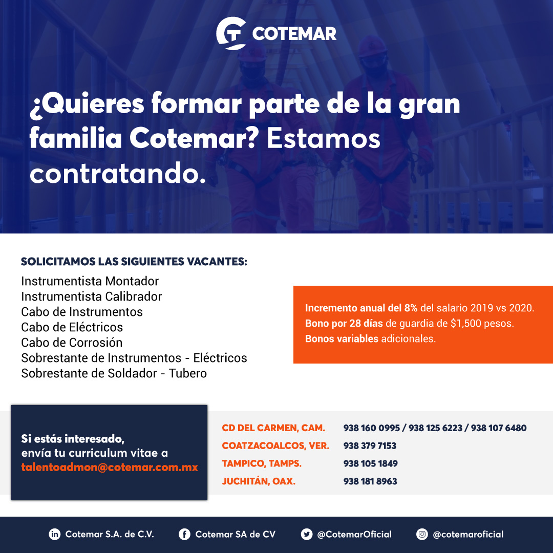 CotemarOficial's tweet photo. ¡Vacantes disponibles! Forma parte de nuestra familia, consulta las posiciones solicitadas y recuerda que Cotemar no cobra por ningún trámite de reclutamiento.

Envía tu curriculum vitae a talentoadmon@cotemar.com.mx https://t.co/WT5TmzlLh0