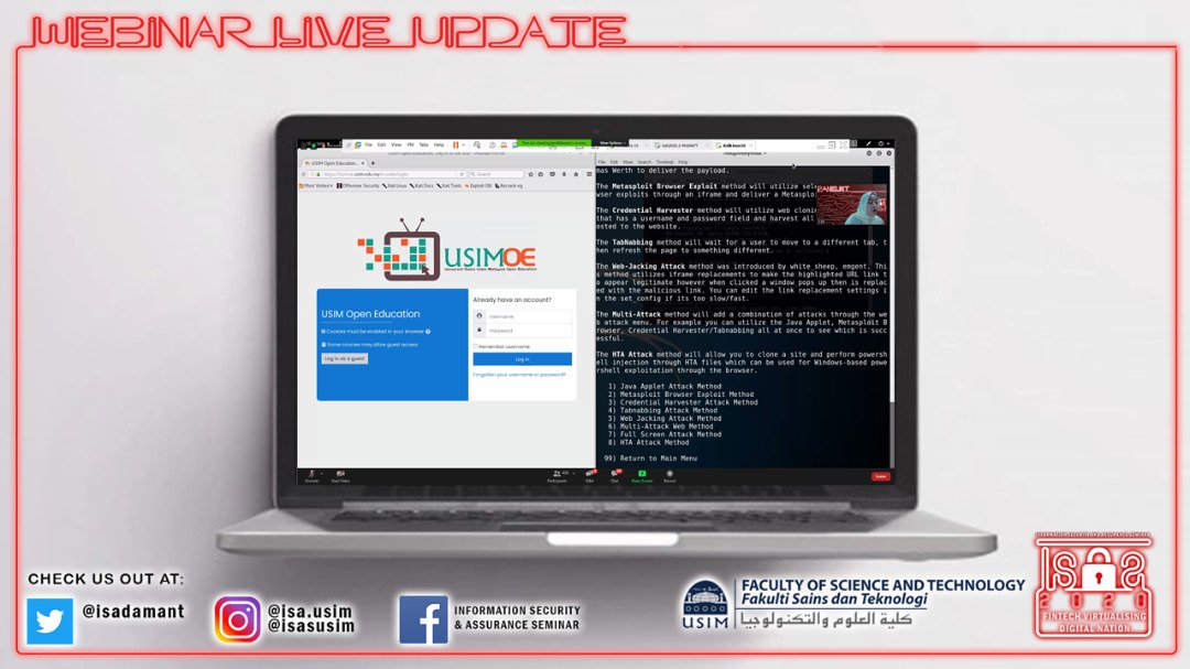IsAdamant's tweet photo. LIVE UPDATE FOR ISAS20

As promised, we present to you Live Hacking Demo from our Alumni Panel, Miss Jamilah Husna. A lifetime experience! 
Join us on another platform:

📽️ Youtube Live https://t.co/Z9jWomSaaZ

#ISAS2020
#FINTECH
#VIRTUALISINGDIGITALNATION https://t.co/Mn6YKhfShD