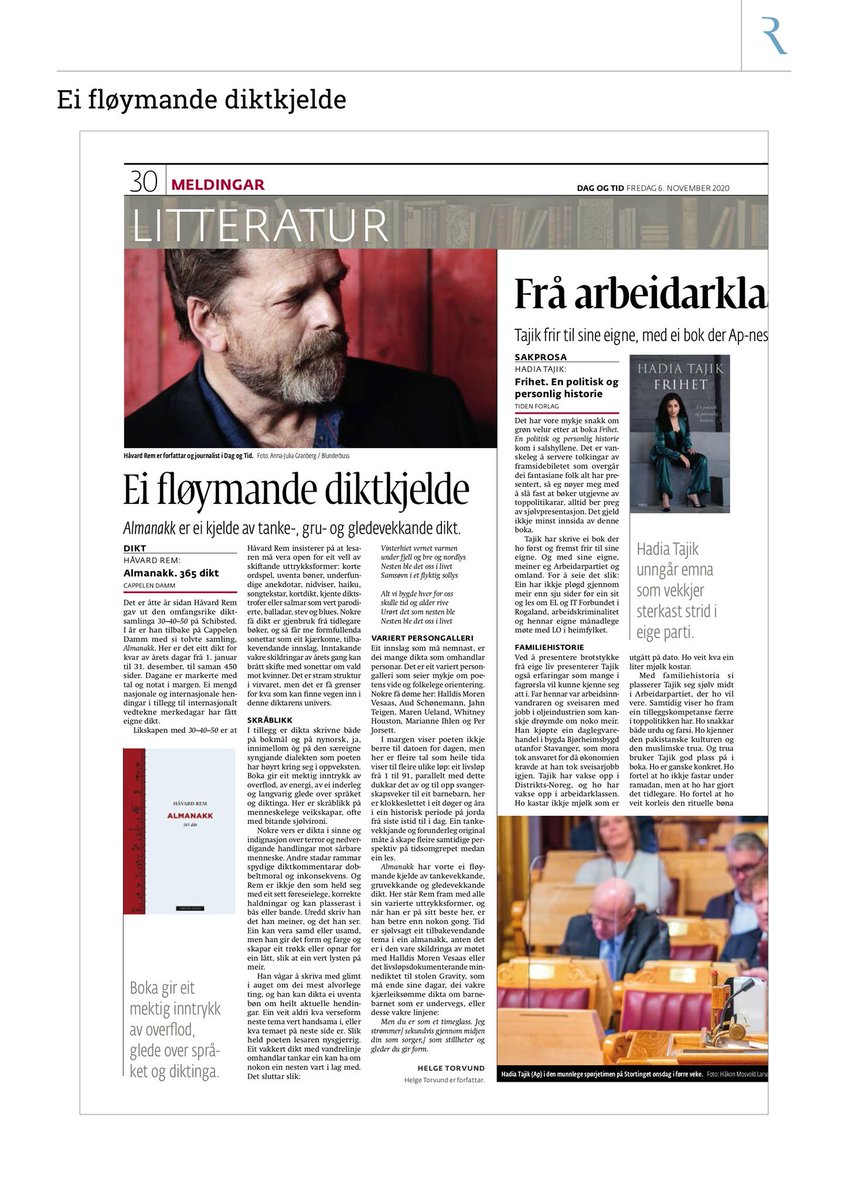 «Boka gir eit mektig inntrykk av overflod, av energi, av ei inderleg og langvarig glede over språket og diktinga. [...] 'Almanakk' har vorte ei fløymande kjelde av tankevekkande, gruvekkande og gledevekkande dikt.»

Eg skriv om den nye diktsamlinga til Håvard Rem i Dag og Tid.