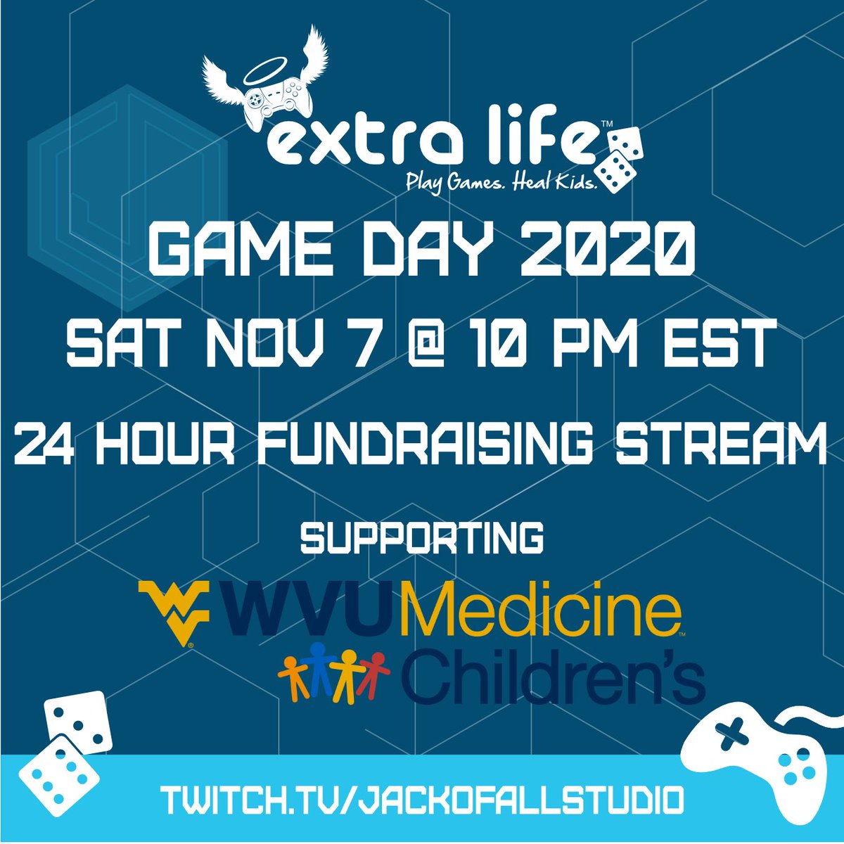 JackofAllStudio's tweet photo. It’s happening tomorrow! @ExtraLife4Kids Game Day 2020! We’re raising money Children’s Miracle Network Hospitals and kicking things off tomorrow Nov 7 at 10 PM EST at https://t.co/hGVOvVwjOX #ForTheKids https://t.co/7m65DgutbM