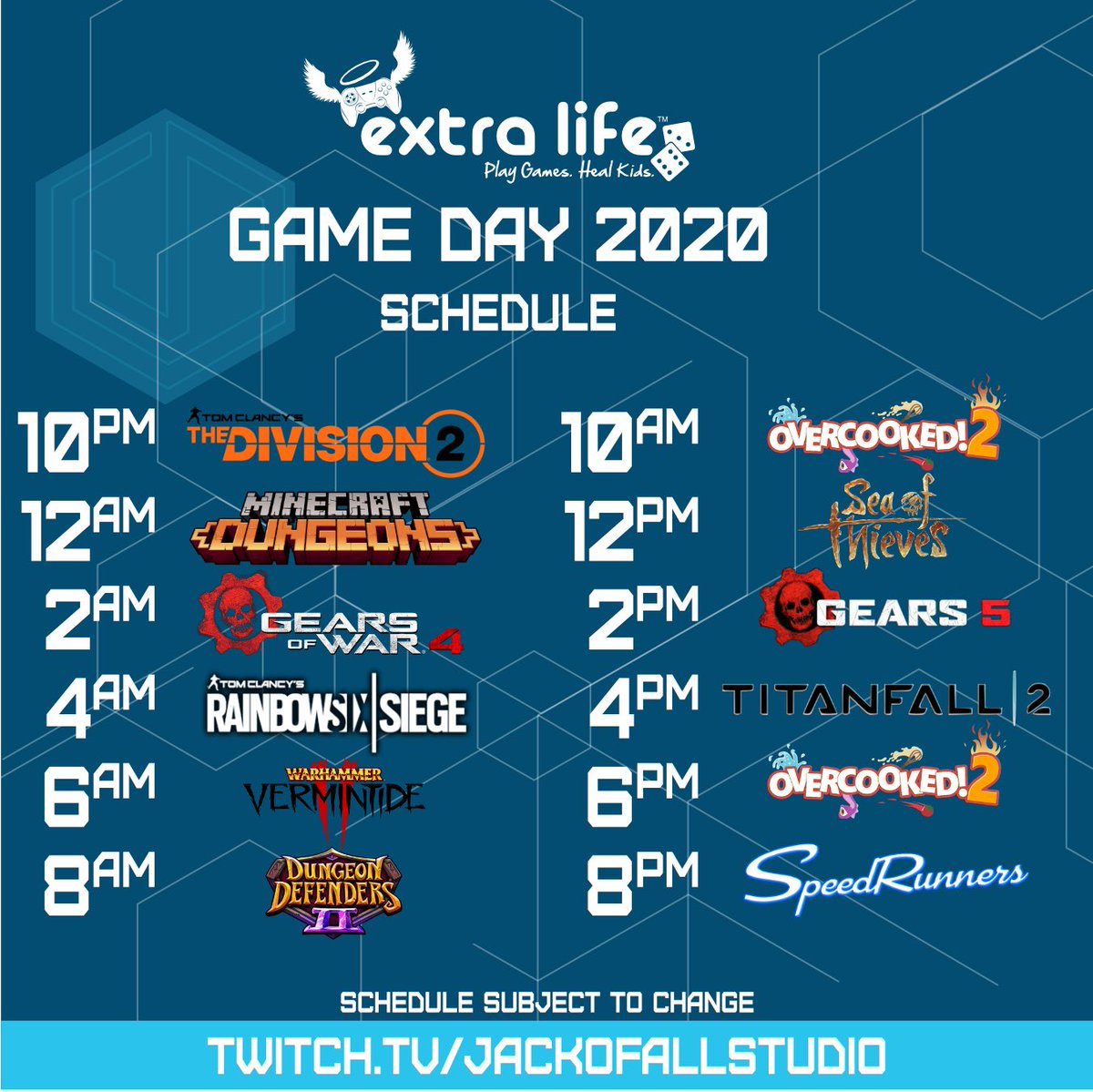 JackofAllStudio's tweet photo. It’s happening tomorrow! @ExtraLife4Kids Game Day 2020! We’re raising money Children’s Miracle Network Hospitals and kicking things off tomorrow Nov 7 at 10 PM EST at https://t.co/hGVOvVwjOX #ForTheKids https://t.co/7m65DgutbM