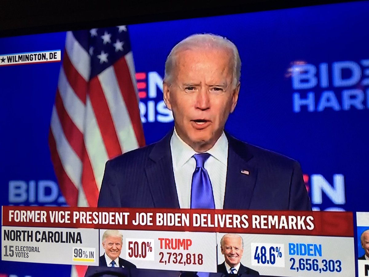 nelsonbocaranda's tweet photo. Joe Biden en un discurso hace minutos llama a todos los estadounidenses a esperar con calma los resultados hasta que se cuenten todos los votos con la seguridad de que “hemos ganado”. Buenas noches y hasta mañana. https://t.co/arAy6Qf7KD
