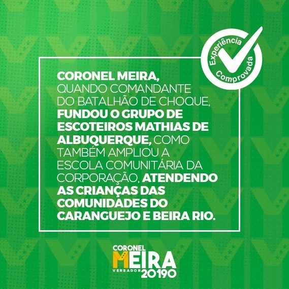 CoronelMeiraPE's tweet photo. Coronel Meira é experiência comprovada!
A frente do Batalhão de Choque da Polícia Militar, fundei o grupo de escoteiros Mathias de Albuquerque e também ampliei a escola comunitária da corporação.

No dia 15 de novembro, vote 20190, Coronel Meira Vereador do Recife!

#CoronelMeira https://t.co/CwY2oVIySs