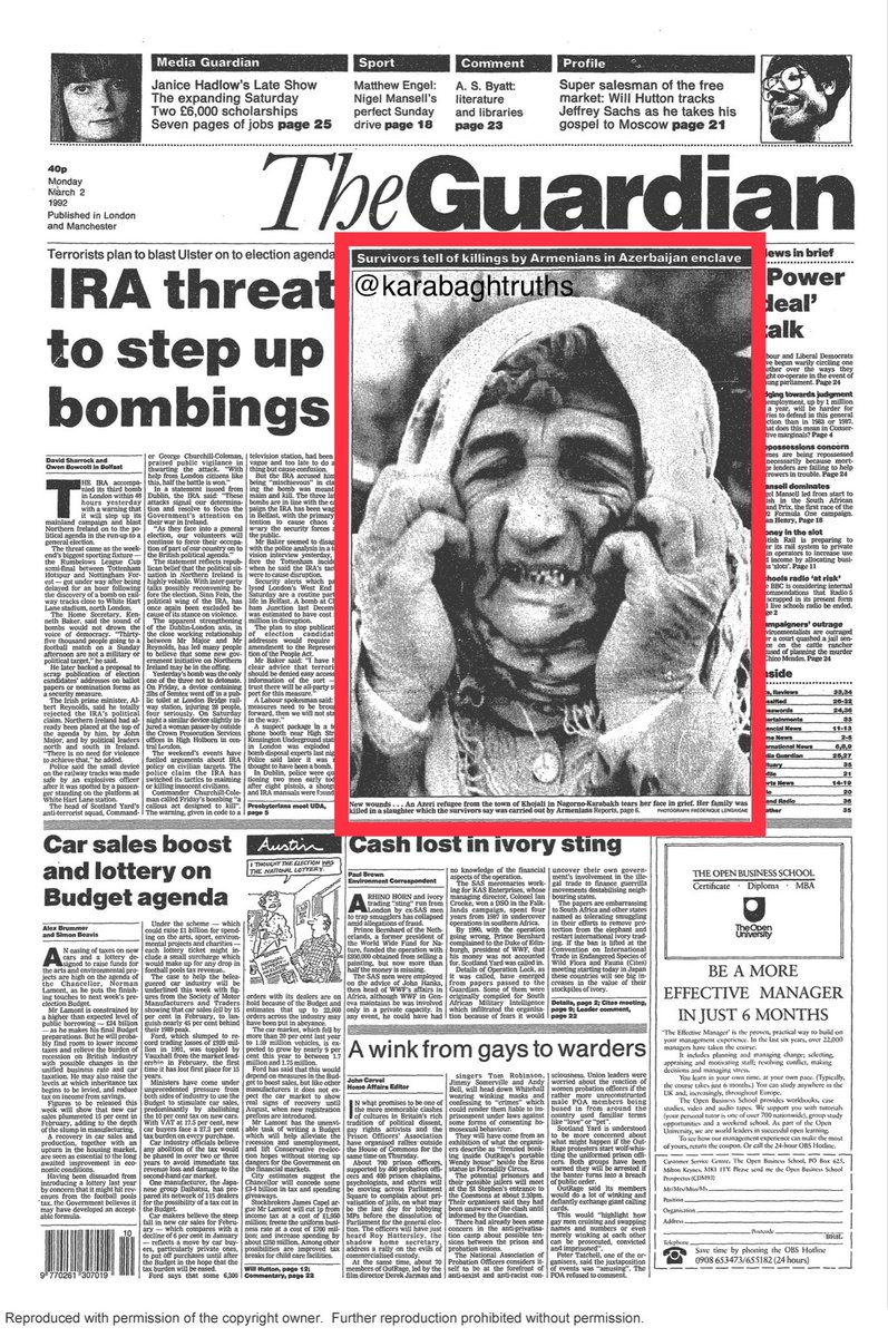 karabaghtruths's tweet photo. The Guardian, front page, 1992 - "Survivors tell of killings by Armenians in #Azerbaijan enclave - An Azeri refugee from the town of #Khojali in Nagorno-#Karabakh tears her face in grief. Her family was killed in a slaughter [carried out by #Armenian forces]." #Karabagh https://t.co/d5omFgbxyQ