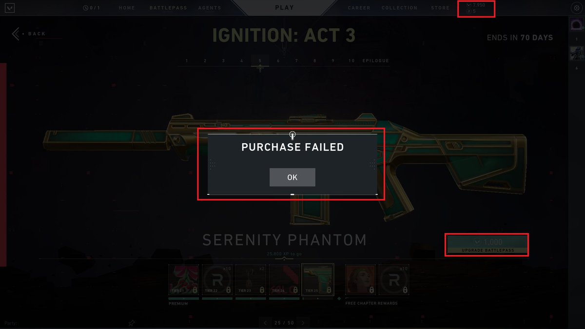 Aktoriii's tweet photo. @PlayVALORANT Im having issue with Purchase Bug and  Rewards Bug. As for Purchase Bug, each time I tried to purchase Battlepass Act 3, it will just pop up Purchase Failed. While for Rewards Bug, m account could not UNLOCKED any kind of rewards including Characters Rewards. https://t.co/mwRW3Sh0Zj