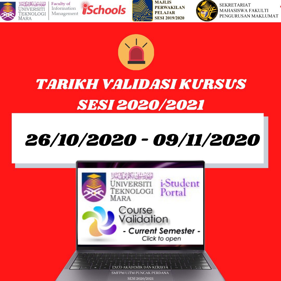 smfim_official's tweet photo. VALIDASI KURSUS SESI 2020/2021
Perhatian kepada pelajar Fakulti Pengurusan Maklumat (FPM). Validasi kursus dibuka dari 26 Oktober hingga 9 November 2020
Pelajar diingatkan untuk melakukan validasi kursus dengan segera
#SMFPM
#UiTMDiHatiku
#KamiUiTM
#UiTMPuncakPerdana https://t.co/z6LHHeGRpV