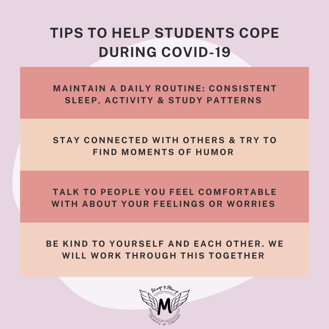 wingsofmercyuoc's tweet photo. It's easy to feel isolated and lonely during these trying times. Here are some tips to cope in a healthy way!
Heads up, we're in this together💜💜💜
#uniofcyberjaya #wingsofmercy #mentalhealthawareness #kitajagakita #cmco #pkpb #mentalhealthmatters #loveyourself https://t.co/SxkoXmSuWG