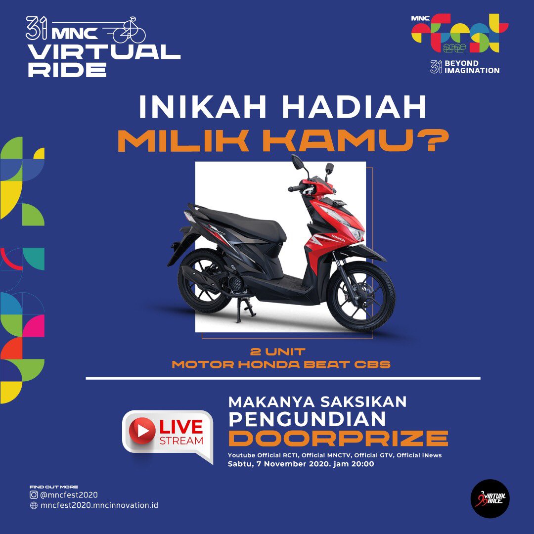 MNCMediaEvents's tweet photo. 2 Unit Motor Honda Beat CBS siap menanti riders!!! Jangan lewatkan undian doorprize live streaming di Youtube @OfficialRCTI , @OfficialGTVID , @Official_MNCTV dan @OfficialiNewsTV ya!
Ayok, sedikit lagi menuju tahap akhir untuk raih finisher pack, dan hadiah undian doorprizenya! https://t.co/HF8fE4JIck