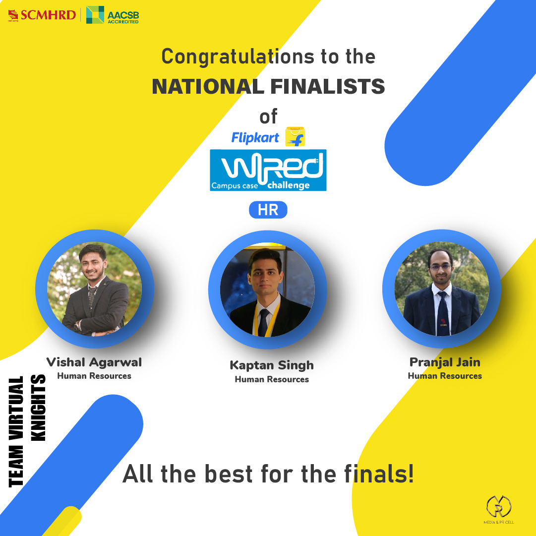 SCMHRDian's tweet photo. Heartfelt congratulations to Team Virtual Knights on successfully qualifying for the National Finals of #Flipkart #WiRED 4.0 Campus Case Challenge - HR.
We wish the team all the best for the Grand Finale and hope they emerge victorious.
#GetWiRED #YourChanceToChange #SCMHRDxp https://t.co/wJaBTM8101