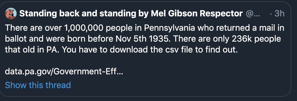 Ok this is kind of too sad to be funny. One of the things going around the internet right now is this theory that 100's of thousands of dead people voted in Pennsylvania. Here's an example: