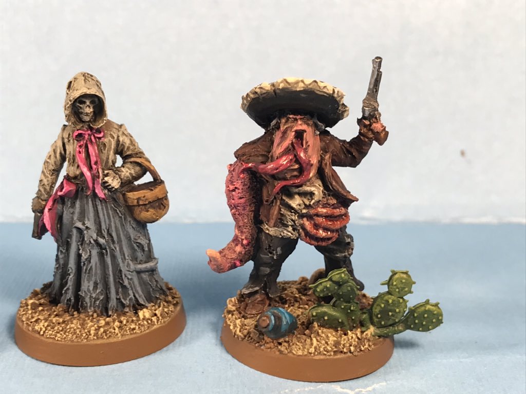 LordofTeeth's tweet photo. #NightoftheLivingDeadMansHand game one. We needed to get @TwinCitiesGamer caught up in the campaign so I painted up a ‘Dead’ version of @Hagenwerks Pistoleros. Too bad the dead shoot so poorly. @spiderbee1776 @BlackScorpionUK https://t.co/6xE9KKDAse