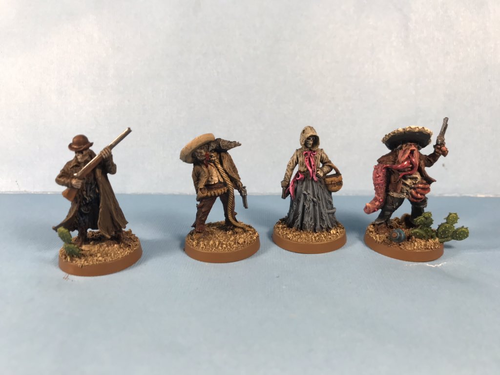 LordofTeeth's tweet photo. #NightoftheLivingDeadMansHand game one. We needed to get @TwinCitiesGamer caught up in the campaign so I painted up a ‘Dead’ version of @Hagenwerks Pistoleros. Too bad the dead shoot so poorly. @spiderbee1776 @BlackScorpionUK https://t.co/6xE9KKDAse