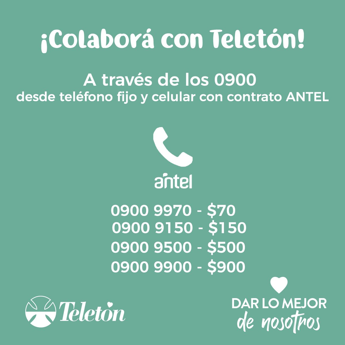 teletonuruguay's tweet photo. ¡No hay hora para llamar a cualquiera de nuestros 0900! Agarrá el teléfono de línea o tu celular con contrato de @AntelDeTodos y doná 😀
#ContigoEsPosible https://t.co/wroFaeO3IG