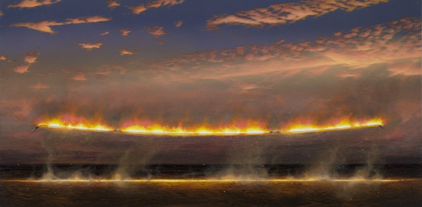 TimStorrier's tweet photo. Point to Point (the January Line) 2008  
acrylic on canvas 150 x 300 cm 
#art #fineart #sunset #fire #Australia #timstorrier https://t.co/KEQFnkbSDd
