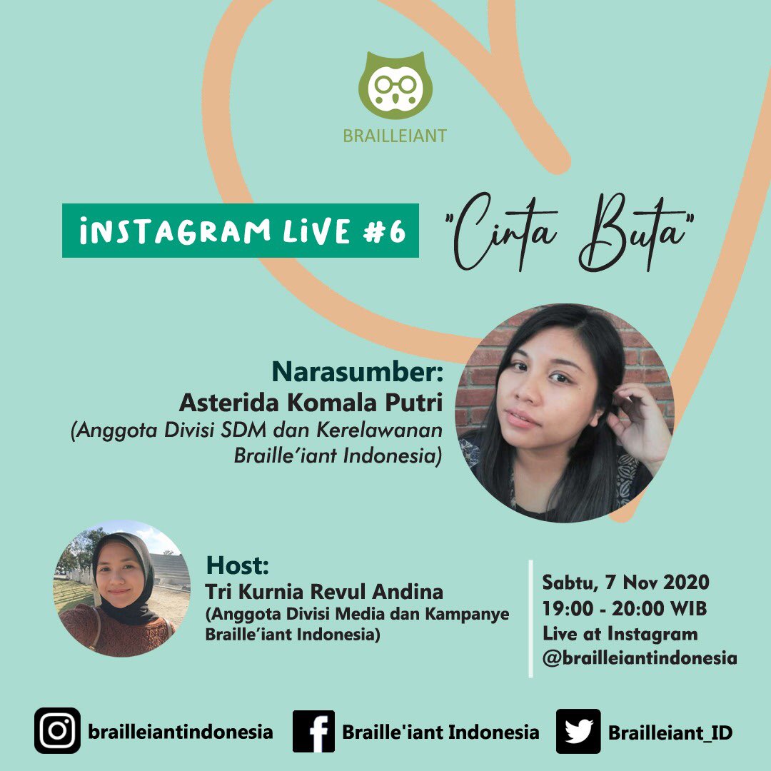 Brailleiant_ID's tweet photo. Buat kamu calon orang tua atau anak muda yang ingin berkontribusi menciptakan generasi yang lebih baik &amp; memiliki rasa kepedulian yang tinggi pada teman-teman difabel, yuk nanti malam bicara cinta. Sabtu, 7 Nov 2020 jam 19:00-20:00 WIB live di IG @brailleiantindonesia ❤️ https://t.co/GudpcHwy1j
