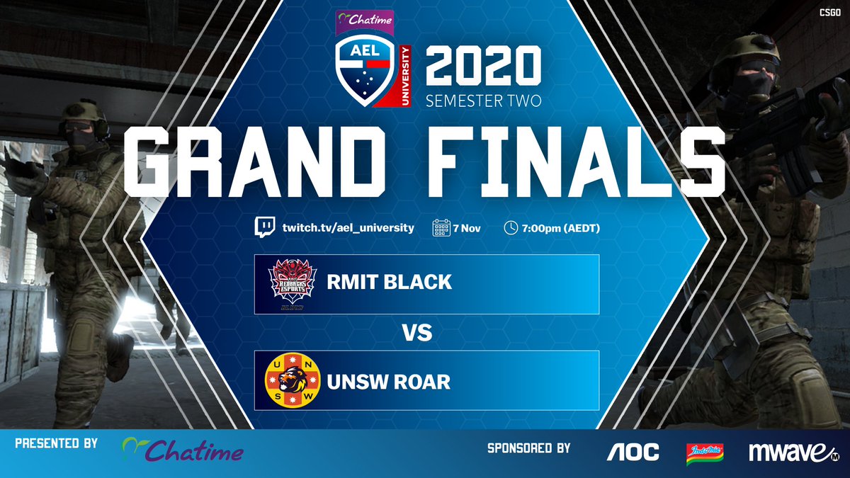 AUesportsleague's tweet photo. 🎇 GRAND FINALS!! 🎇 

Tonight we are live with CSGO in the 2020 AEL Uni League presented by @ChatimeAU!

⏰ 7pm [AEDT]
@RMITesports Black vs @UNSW_Esports Roar
📺 https://t.co/q06Jjz9xyX
🎙 @emperor_zk &amp; @HazDaddySlim

#AELUni #CSGO https://t.co/UIYqQXjThu
