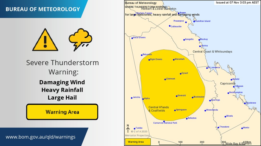 BOM_Qld's tweet photo. ⚠️Severe #Thunderstorm Warning has been issued for large hail, damaging winds, and heavy rainfall for the Central Highlands and Coalfields District, including #Emerald, #Clermont, and #Moranbah. Details and updates: https://t.co/Nxr6R0zH3C https://t.co/MI9abbCHFp