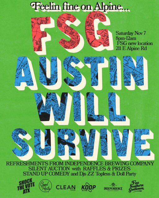 Come together at <a href="/FSGprints/">Feels So Good</a> and celebrate the resilient spirit of Austin, TX. There will be refreshments from <a href="/indybrewing/">Independence Brewing</a>, live stand-up comedy, a chance for you to bid on items from our silent auction, and plenty of prizes. #ATX #comedy #auction #raffle