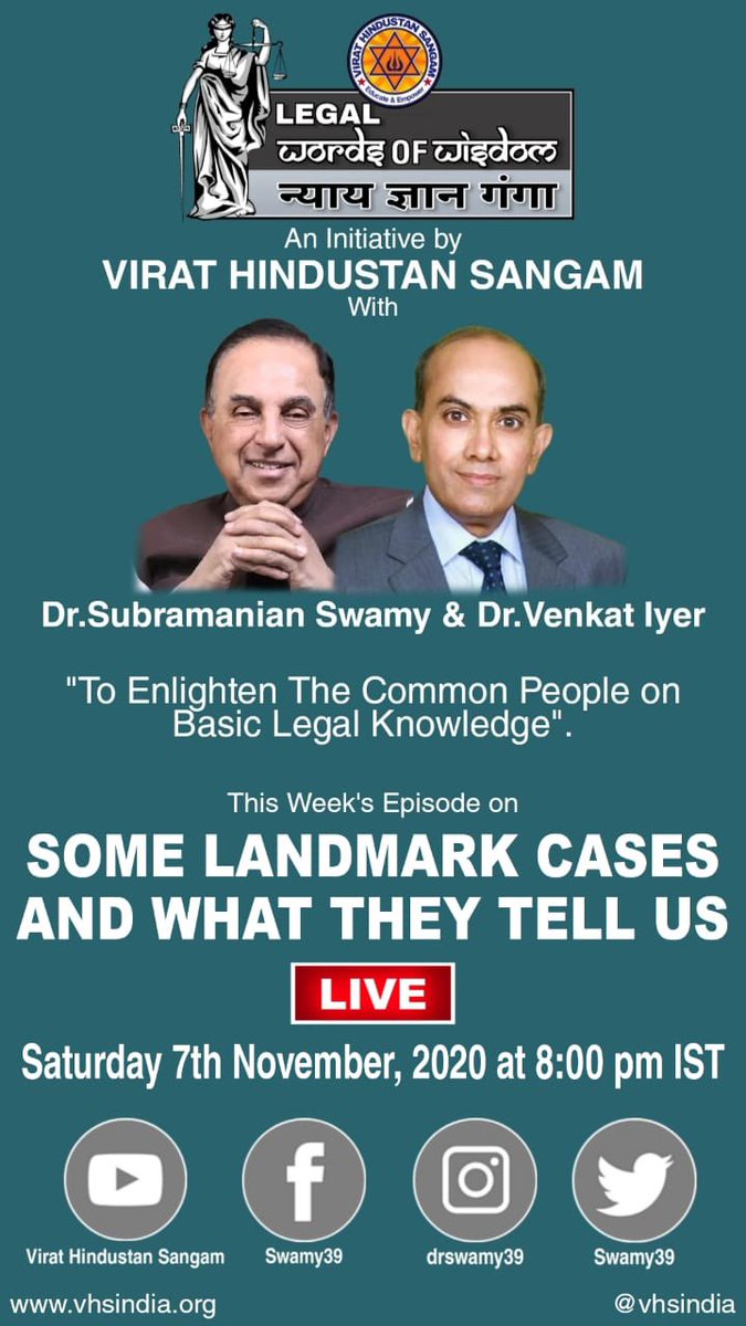 vhsindia's tweet photo. Legal #WordsOfWisdom with Dr @Swamy39 & Dr Venkat Iyer
To Enlighten Common People on Basic Legal Knowledge
Today’s Episode : Some Landmark Cases & What they Tell Us
A Virat Hindustan Sangam Initiative
#GyanGanga #LegalLessons
Subscribe YouTube: https://t.co/SjzH5GxSU9 https://t.co/A9ahvuUkVW