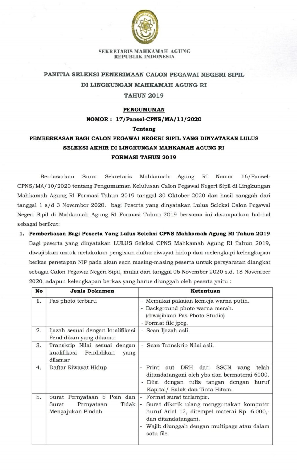 Rekrutmen Cpns Mahkamah Agung Ri On Twitter Pengumuman Pemberkasan Dapat Dilihat Pada Link Berikut Https T Co Wxym6qgft5 Bagi Yang Sebelumnya Sudah Membuat Skck Dll Dengan Perihal Yang Berbeda Tidak Masalah Https T Co Augepbbgy2