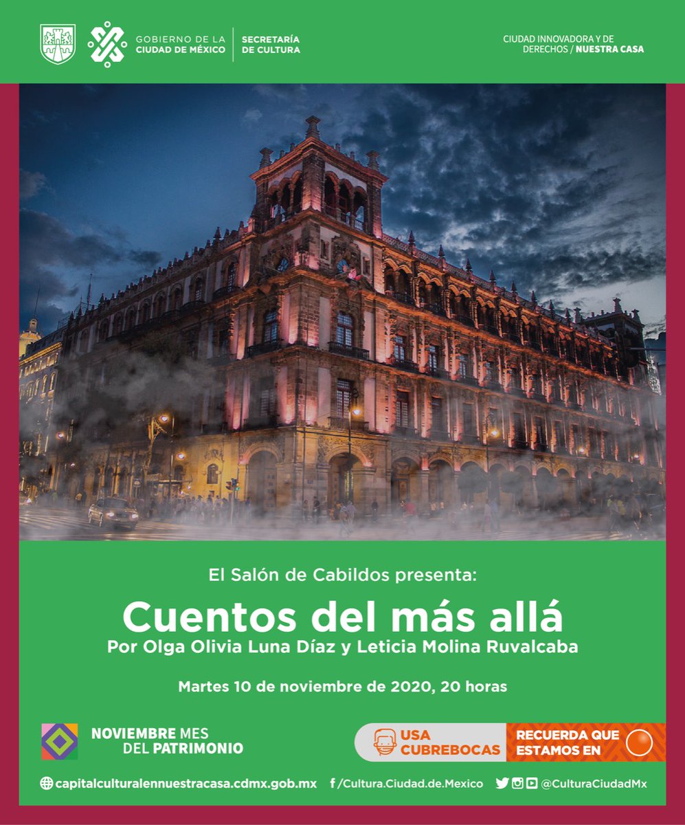 CulturaCiudadMx's tweet photo. El Museo Salón de Cabildos presenta "Cuentos del más allá", a cargo de Olga Olivia Luna Díaz y Leticia Molina Ruvalcaba.

🗓️⏰Transmisión: 10 de noviembre, 20 horas, en nuestro Facebook y YouTube 🏵️💀🏵️ https://t.co/luw5pQfYis

#CapitalCulturalEnNuestraCasa https://t.co/iwviQ0Tzhn