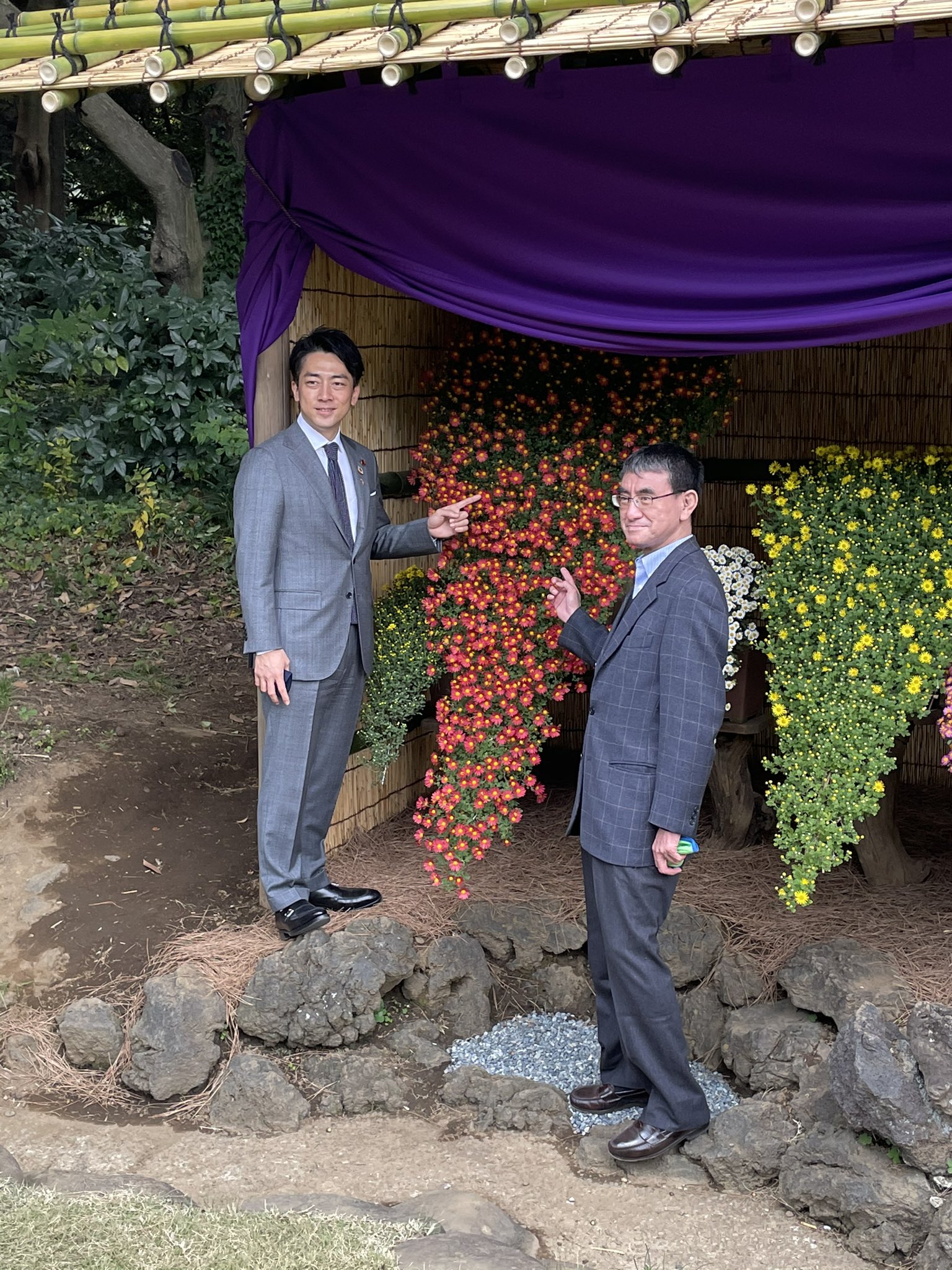 河野太郎 小泉環境大臣のご案内で新宿御苑に菊を見に 昨年私が植えた菊が白い懸崖に 小泉大臣が植えた菊が赤い懸崖に育ちました 携帯電話を充電できる太陽光パネル付きのベンチも設置されました T Co Ywhdgydn1y Twitter