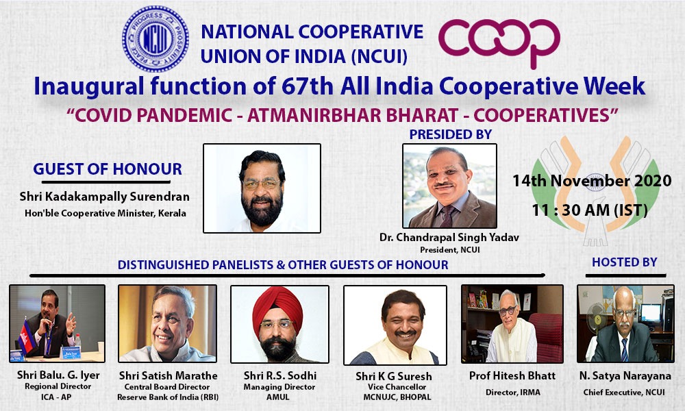 Proud moment for Kerala Cooperative sector. Kerala minister for Cooperation, Kadakampally Surendran guest of honour at the inaugural function of 67-th All India Cooperative Week at 11.30 am on November 14. Organised by NCUI. Theme "COVID PANDEMIC-ATMANIRBHAR BHARAT--COOPERATIVES"